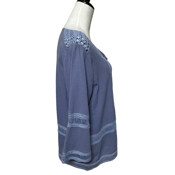 Chicos Top Womens Large 2 Blue Crochet Tasseled Peasant Flowy Beachy Boho - Picture 7 of 10